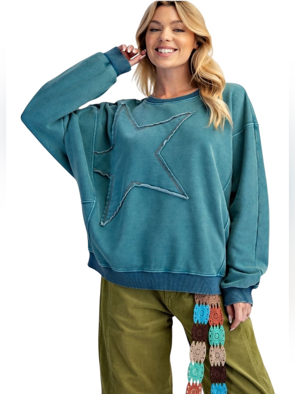 Easel Teal Mineral Wash Star design pullover long sleeve cotton Top